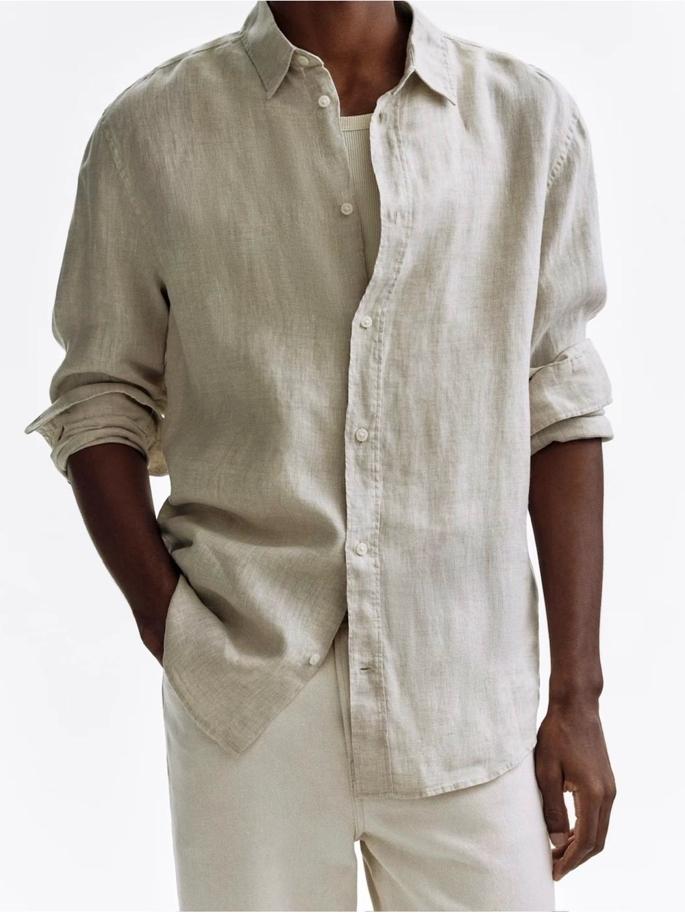 H&M Light Beige Linen Blend Long Sleeve Button-Down Shirt Men’s Size L.